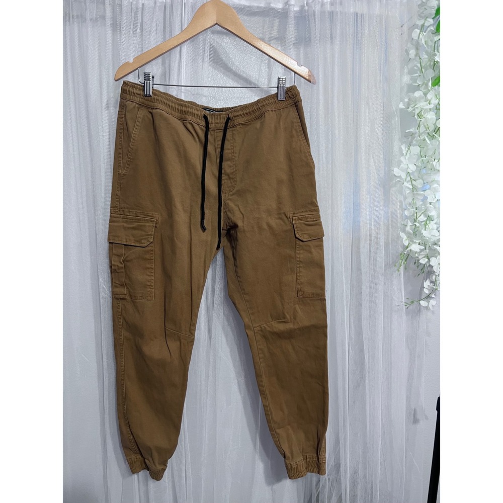 Forever 21 Men Brown Cargo Jogger Pants Size Large Elastic Waist Utility Tapered